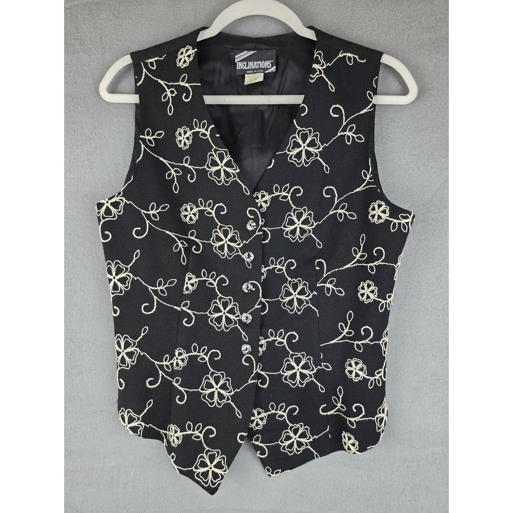 Vtg Inclinations Women's M Black Floral Embroidered Wool Blend Vest Boho Western